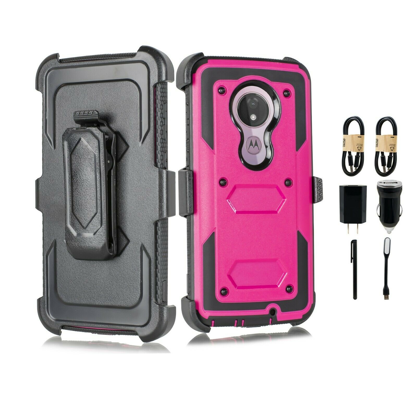 Value Pack ! for T-Mobile Revvlry+ Plus Case, Shockproof Full Body Protective Case Cover with Kickstand and Belt Swivel Clip Compatible with Motorola Moto G7 / Moto G7 Plus case Phone Case 360° (Pink) - image 1 of 4