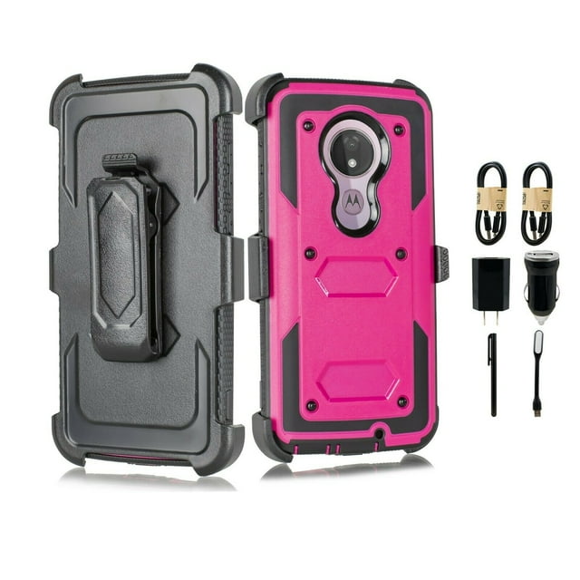 Value Pack ! for T-Mobile Revvlry+ Plus Case, Shockproof Full Body Protective Case Cover with Kickstand and Belt Swivel Clip Compatible with Motorola Moto G7 / Moto G7 Plus case Phone Case 360° (Pink)