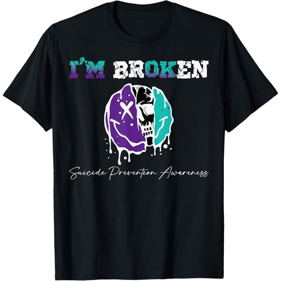 t-shirt Confused Smile I'm Broken Suicide Prevention Awareness T-Shirt mens,black,women,funny,journey,Crew Neck, Short Sleeve,custom clothing patterns.gift