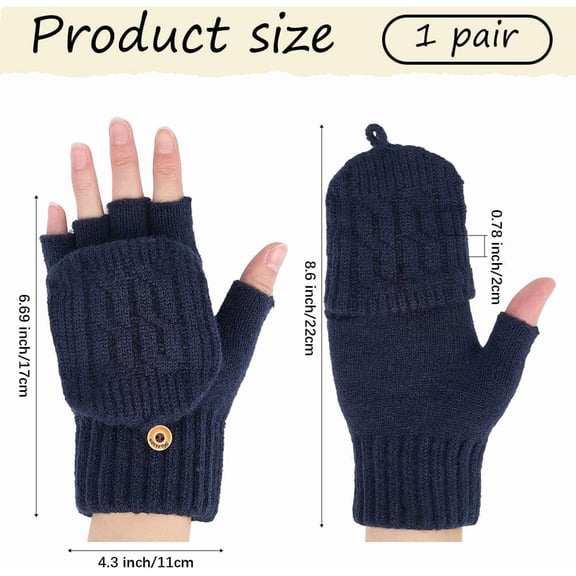 1 Pair Warm Mittens with Finger Flap Cover Dark Blue Winter Wool Flip Top Knit Fingerless Soft Insulation Thermal Thumb Hole Gloves Bulk for Women Men Typing Texting Outings Activity Driving