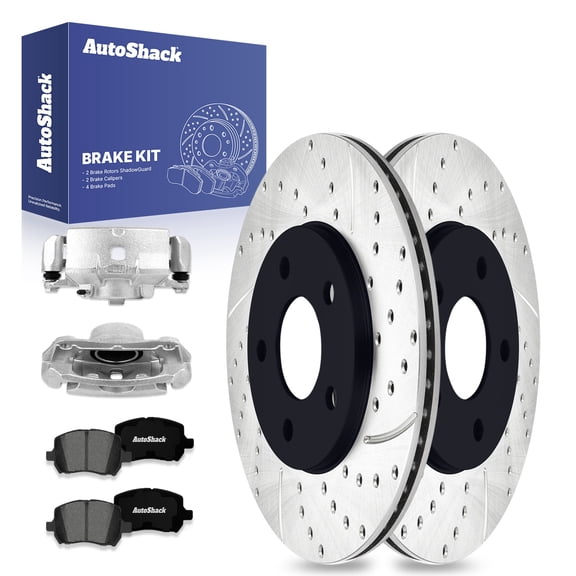 AutoShack Front Drilled & Slotted Brake Rotors Premium Ceramic Brake Pads Calipers | Replacement for 2006-2011 Chevrolet HHR 2.2L 2.4L FWD | E-Coated | 8-PC Brake Kit | ShadowGuard