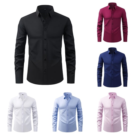 HCYSFG Mens Big And Tall Solid Color Shirt Button Front Notch Neck Long Sleeve Wrinkle Resistant Business Top Formal Dress Shirt