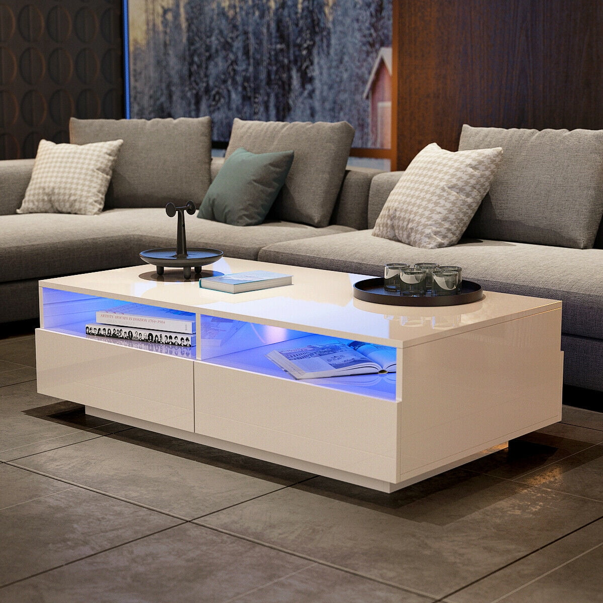 37" Modern High Gloss LED Coffee Table W/Drawer End Table Living Room Furniture 