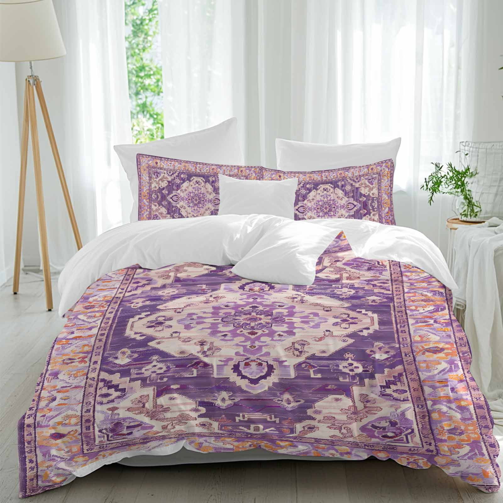Purple Orange Boho Bedding 3 Piece Duvet Cover Set California King, Ethnic Geometric Middle Century Art Soft Microfiber Comforter Cover with Zipper Closure & Pillowcases, FadeResistant Quilt Cover