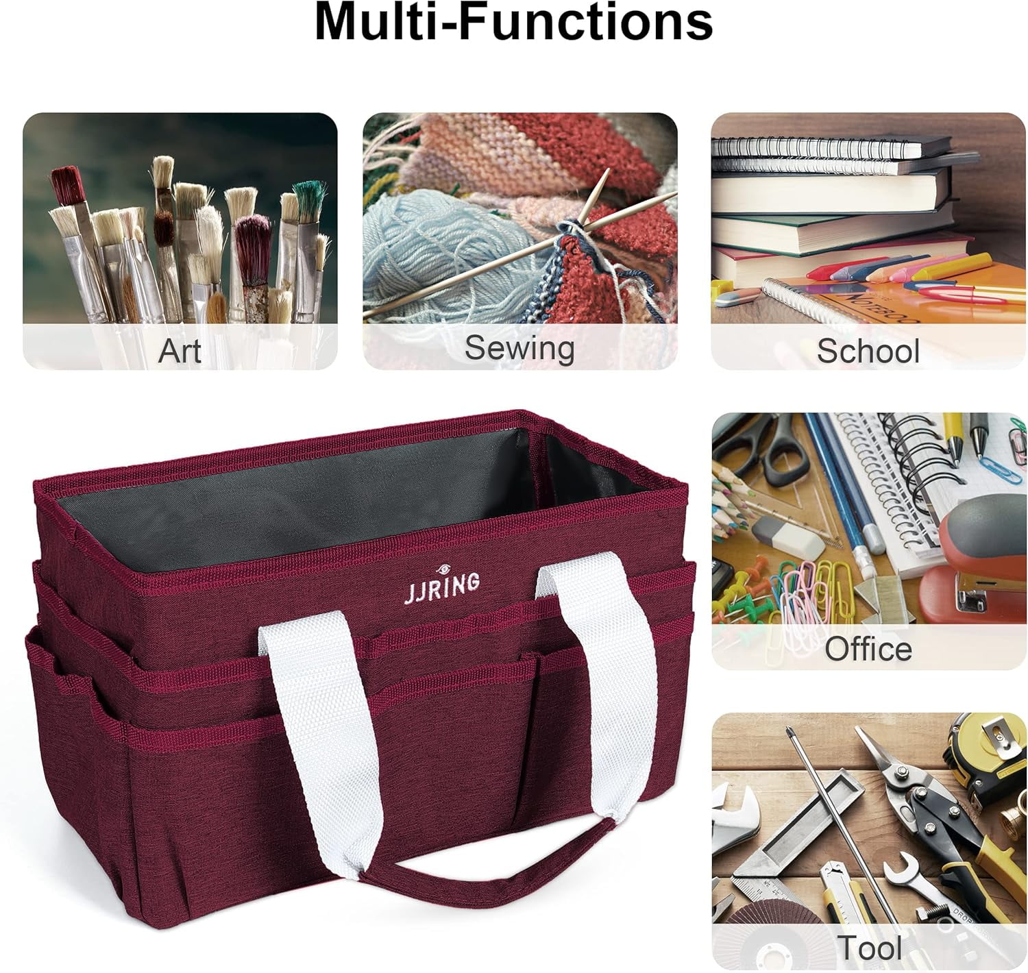 LAVFOX Craft Organizer Tote Bag, Multi-Pocket Art Storage Caddy Bag for Sewing, Scrapbooking, and Painting, Portable Desktop Utility Organizer for School, Medical, and Office Supplies, Burgundy
