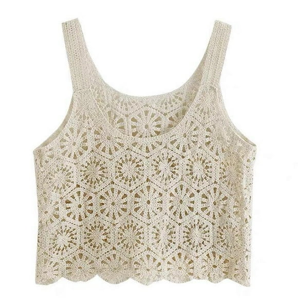 Women Vintage Crochet Cropped Tank Top Boho Hollow Out Knitted Floral Pattern Camisole Summer Beach Sleeveless Cover Up Vest Shirts