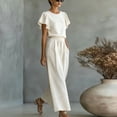 thumbnail image 6 of PRINxy Women's 2 Piece Solid Ruffle Lounge Set Crew Neck Short Sleeve Ruffle Trim Top and High Waist Wide Leg Pants Elegant Daily Wear White XL, 6 of 6