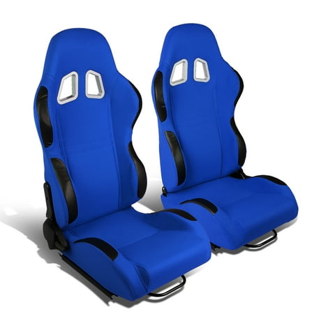 Front Replacement Seat Slider - Set of 2 Type-R Woven Fabric Reclinable Racing Seats w/ Universal Sliders (Blue Body/Black Trim)