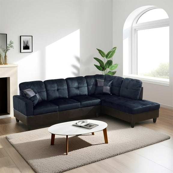 Hommoo Lint & PVC L-Shaped Sectional Couch and Sofa Set, Modern Living Room Furniture Set, Right Side, Dark Blue And Brown