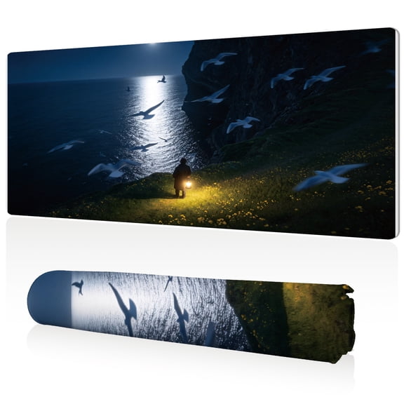 LIVEKEY Extra Large Mouse Pad 80x40x0.3cm Lonely Figure with Lantern on Cliff by Moonlit Sea Full Desk Coverage Non Slip Durable Easy Clean Stitched Edges for Gaming and Office