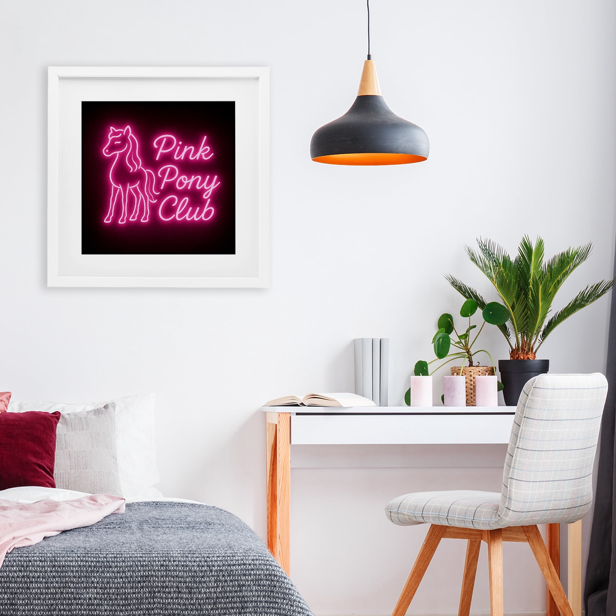 Stupell Industries Pink Pony Club Neon White Framed Print Under Glass, design by Grotto Studios