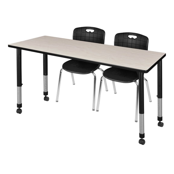 Kee 66" Adjustable Mobile Classroom Table - Maple & 2 Andy 18-in Chairs- Black