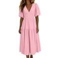 thumbnail image 5 of QUNYINEY Puff Short Sleeve Summer Dresses for Women Pink Flowy Casual Long A Line Dress V Neck Pleated Loose Fit Vacation Dresses, 5 of 7