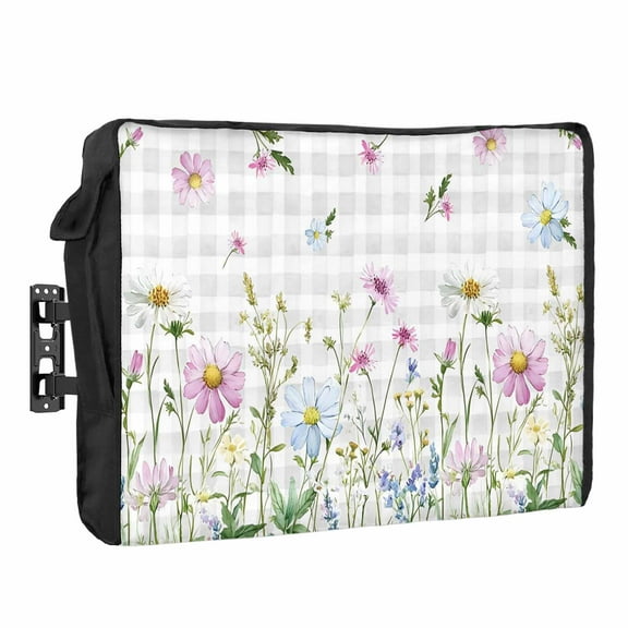 Outdoor TV Cover 40 to 43 Inches, Farmhouse Floral Wildflowers Herb Plant Grey Plaid Waterproof and Weatherproof TV Cover with Remote Control Pocket, Flat Screen TV Cover Protector for Outside TV