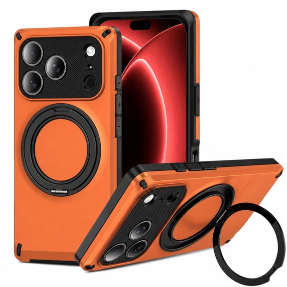 Sanwo for iPhone 17 Pro Heavy Duty Case, Rugged Shockproof PC TPU Cover with Ring Holder Kickstand, Magnetic Support,Orange