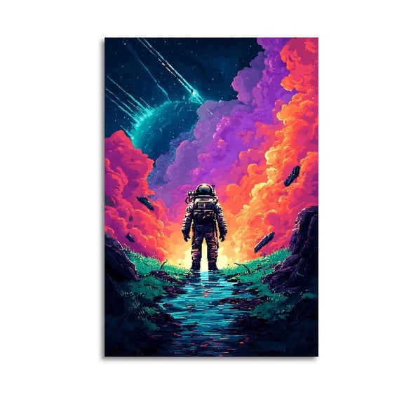 Larbulse Pixel Art Astronaut Colorful Cloud Canvas Wall Art Home Decor Poster Vintage Funny Print Picture Abstract Bedroom Living Room Kitchen Posters Decor
