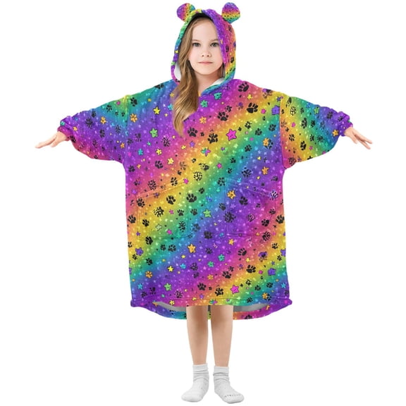 Wearable Blanket Hoodie for Rainbow Paw Print Stars Flannel Hooded Blanket with Pockets and Sleeves Suitable