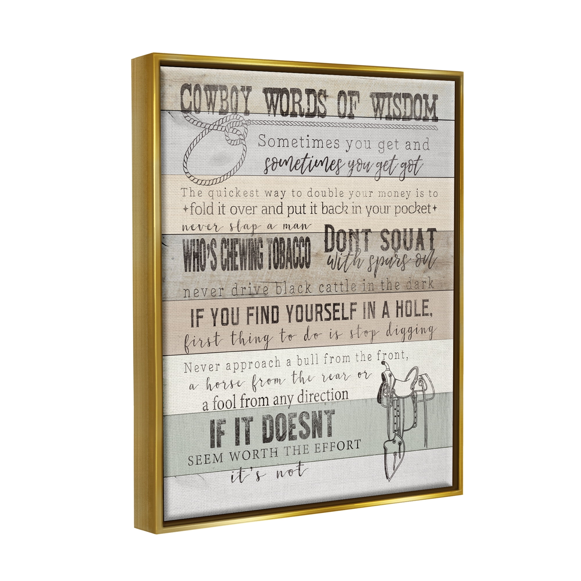 Stupell Industries Cowboy Words of Wisdom Typography Painting Gold Floater Framed Canvas Art Print Wall Art, 17 x 21