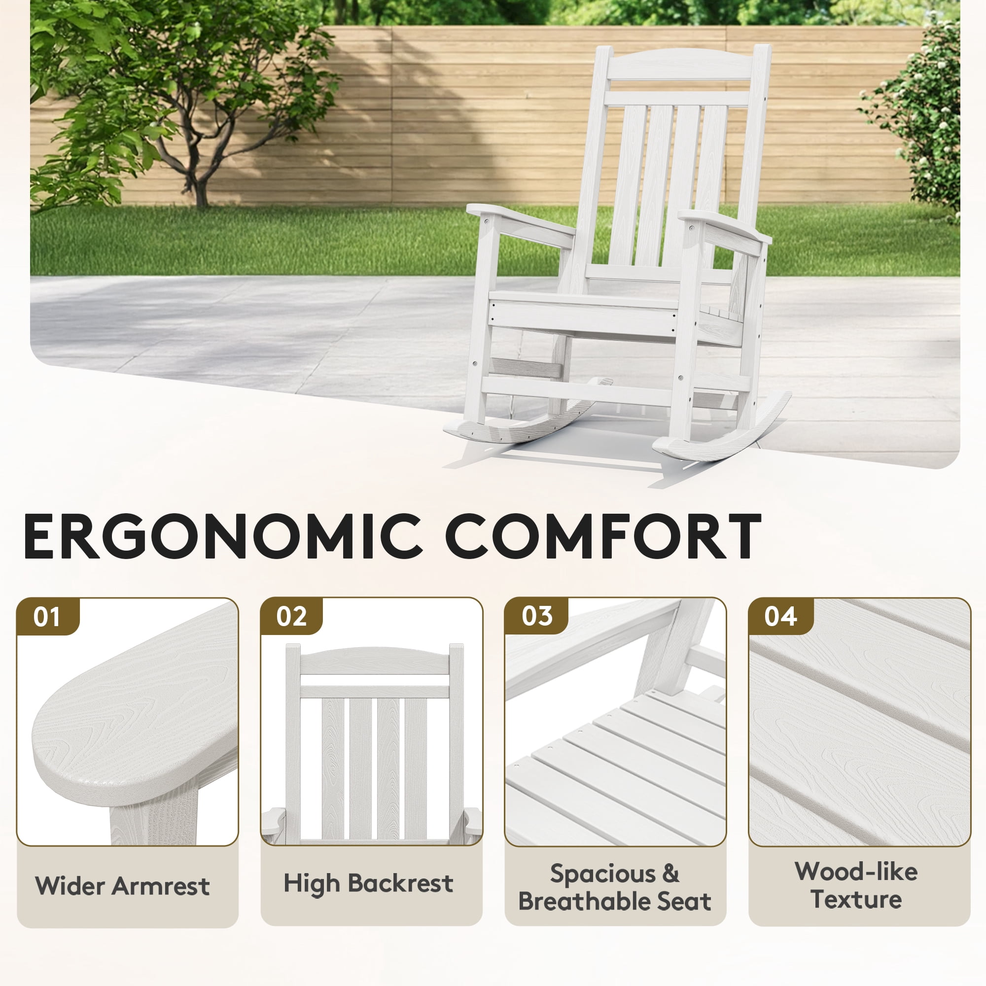 KINGYES Outdoor Rocking Chair Set of 2, HDPE Patio Rocking Chair, Heavy Duty Front Porch Rocker, White