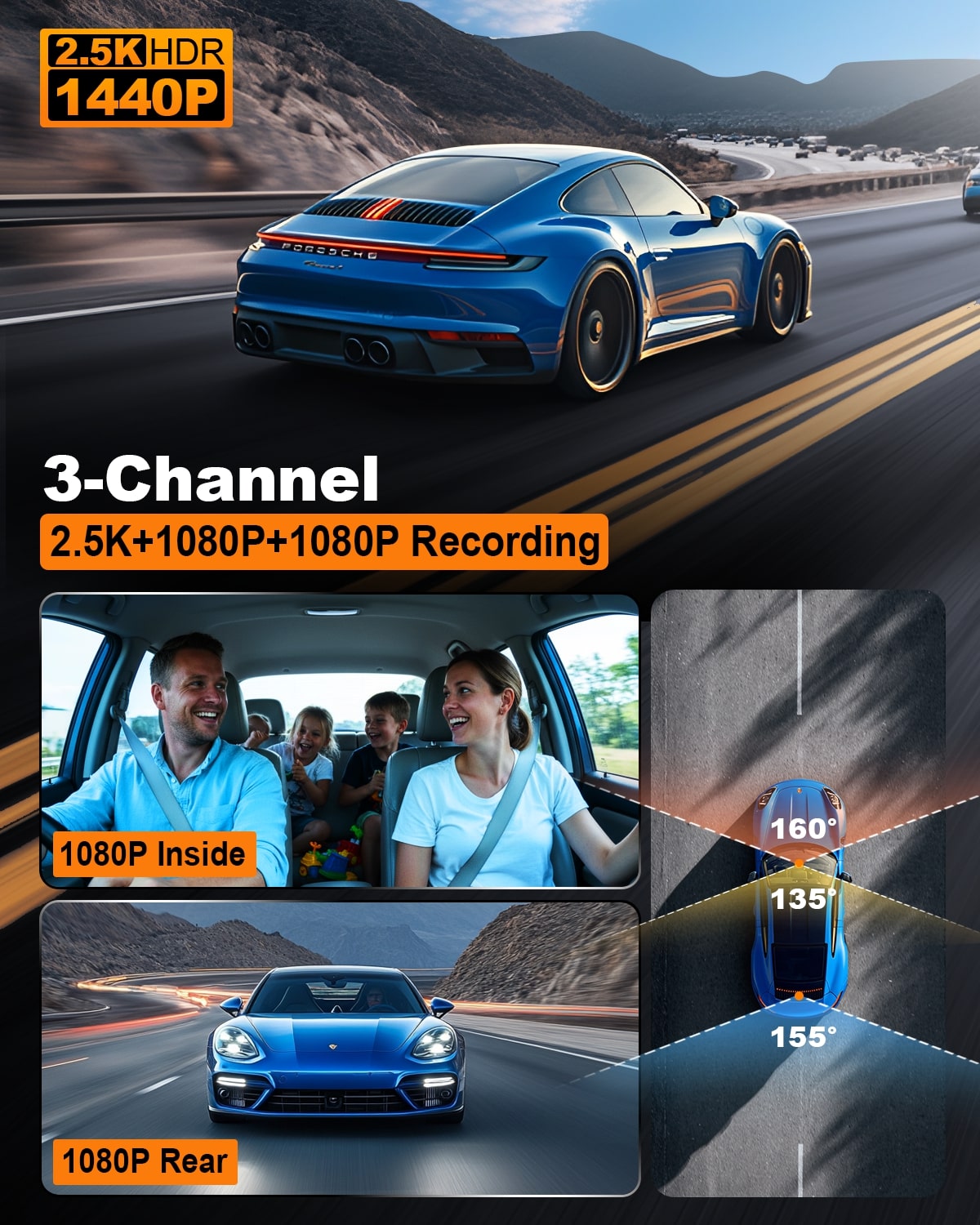 ODREY M3 3-Channel 2.5K Dash Cam Front Rear Inside photo 4