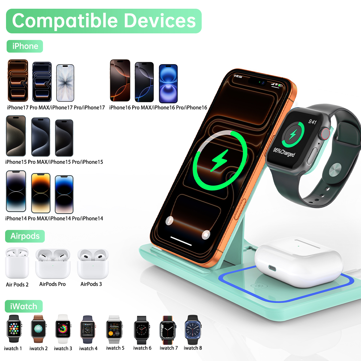 Cshidworld 3-in-1 Wireless Charging Station, Green photo 8