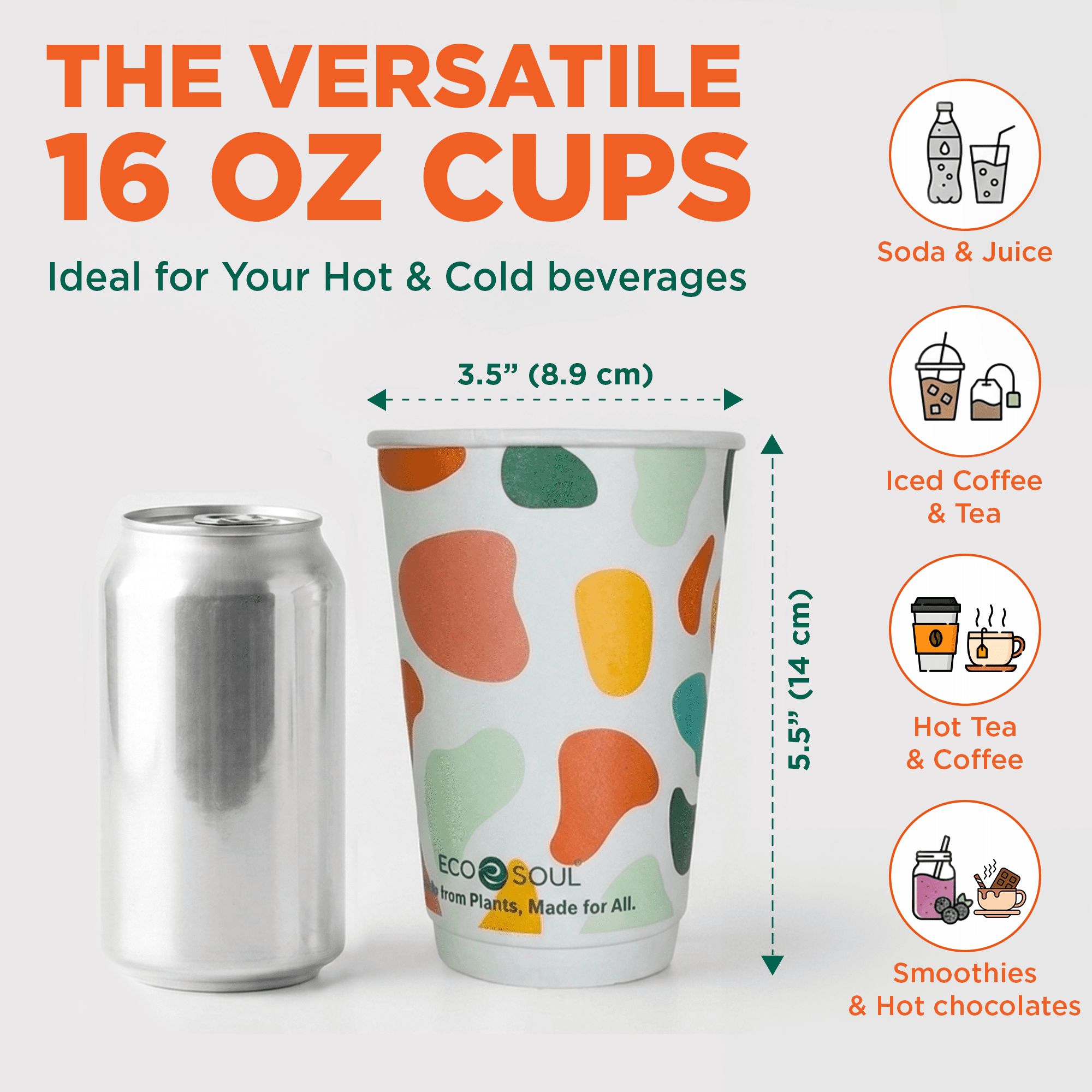 EcoSoul Compostable Hot and Cold Cups, Printed Plant-Based Disposable Cups, 16 oz, 50 Count