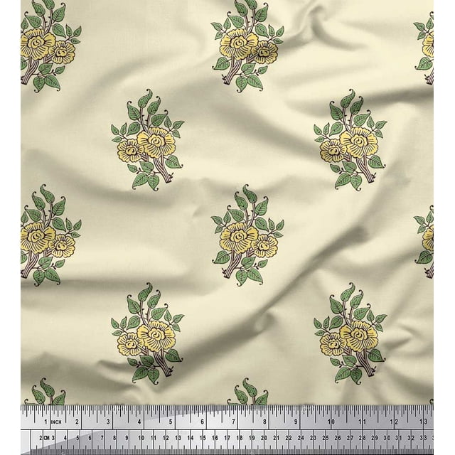 Soimoi Satin Silk Fabric Leaves & Floral Block Printed Fabric 1 Yard 42 Inch Wide