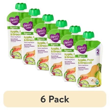 (6 pack) Parent's Choice Organic Stage 2 Baby Food Apple, Pear, and Broccoli Puree, 4 oz Pouch