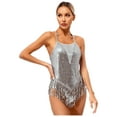 thumbnail image 4 of Raenseen Womens Sleeveless Sequin Leotard with Fringe Latin Jazz Chacha Ballroom Dance Costume Silver M, 4 of 8