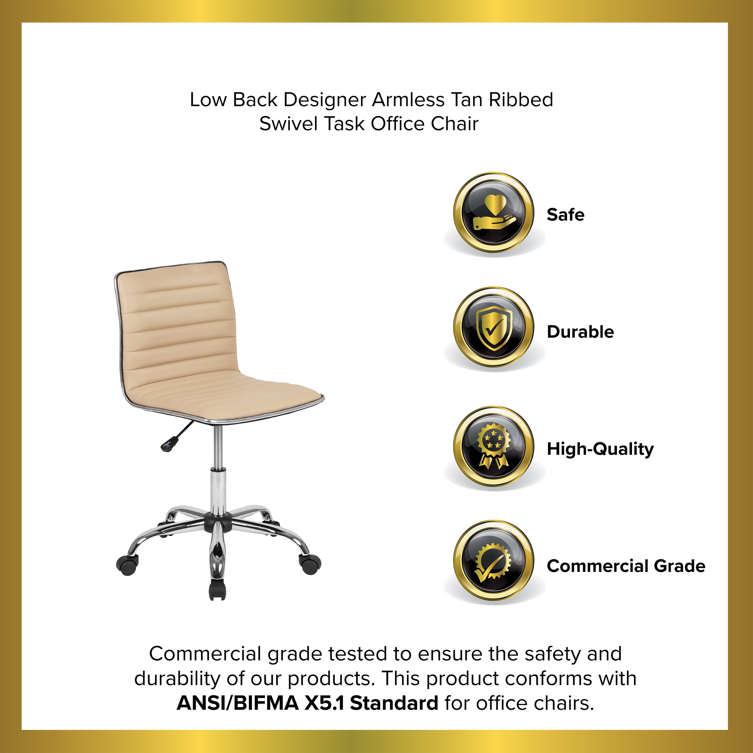 Merrick Lane Home Office Chair Ergonomic Tan Ribbed Low Back and Seat Armless Contemporary Computer Desk Chair with Chrome Border