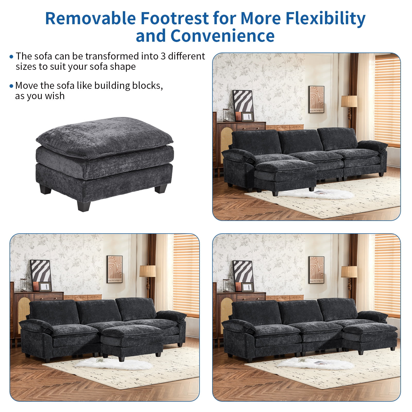 Capri 122" Oversized Sectional Couch, L Shaped Cloud Couch, Convertible Sofa Set for Living Room, Chenille, Black