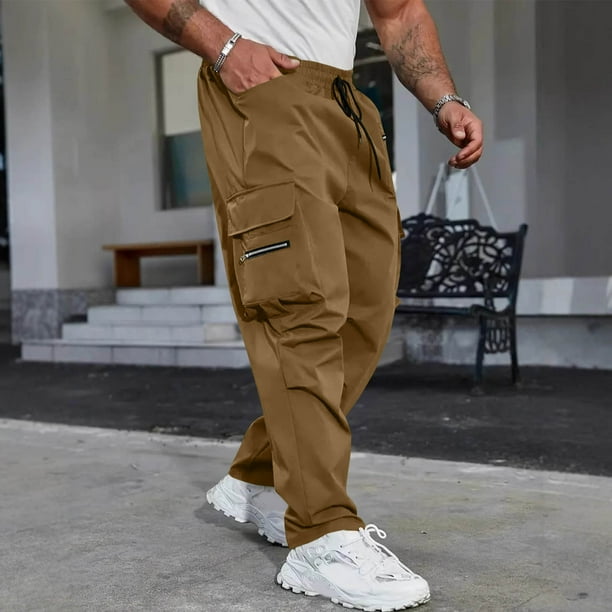 Pantalones largos para hombre, primavera y verano, color liso, bolsillos, color liso, cordón ajustable, ropa de trabajo, pantalones deportivos e informales, pantalones de poliéster para hombre.