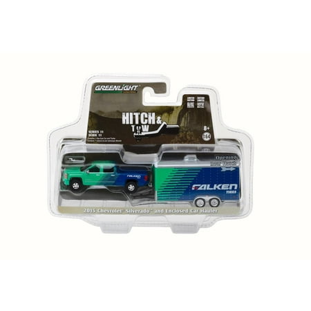 Hauler Truck - 2015 Chevrolet Silverado Pickup Truck Falken Tires and Enclosed Car Hauler, Green/Blue - Greenlight 32110B - 1/64 Scale Diecast Model Toy Car