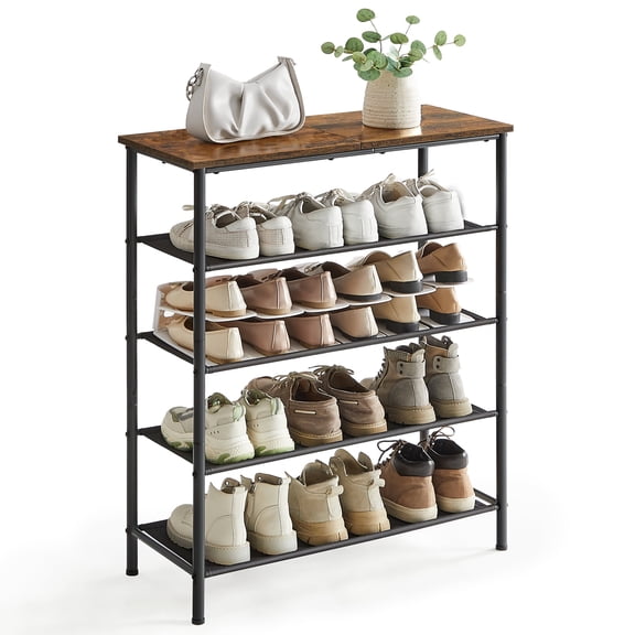 VASAGLE 5-Tier Shoe Rack Organizer, Large Capacity, Sturdy Steel Frame, Industrial Design, Rustic Brown and Black