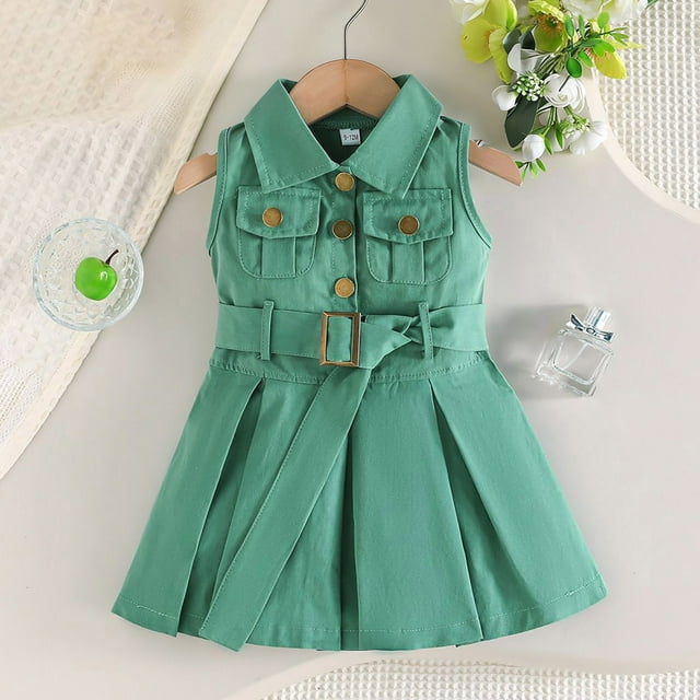 Vestido vaquero de verano, dulce e informal, sin mangas, para niñas y bebés, con cinturón. Conjunto para niña.