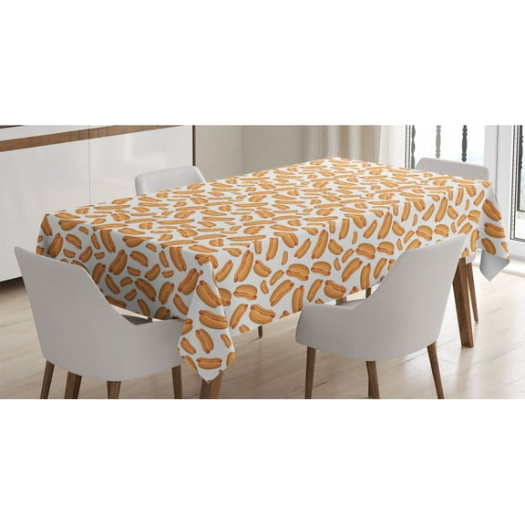 Hot Dog Tablecloth, Simplistic Sandwich Doodle Tasty Frankfurter in Bread with Mustard and Ketchup, Rectangle Satin Table Cover Accent for Dining Room and Kitchen, 52" X 70", Multicolor, by Ambesonne