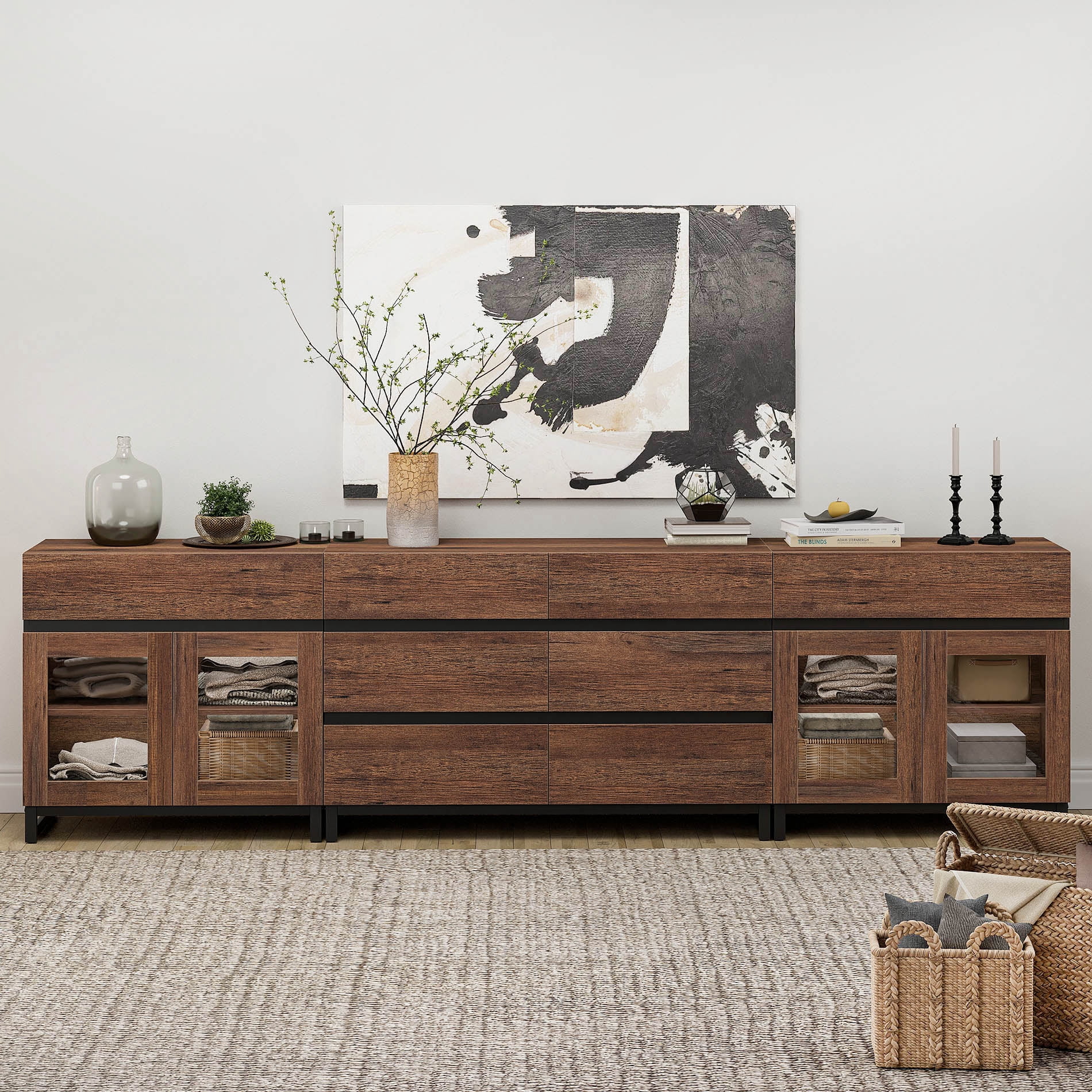 3 In 1 Multifunctional Dresser with Glass Doors & 7 Drawers, Modern Chest of Drawers with Adjustable Shelf and Metal Base, Household Storage Cabinet for Bedroom,Brown