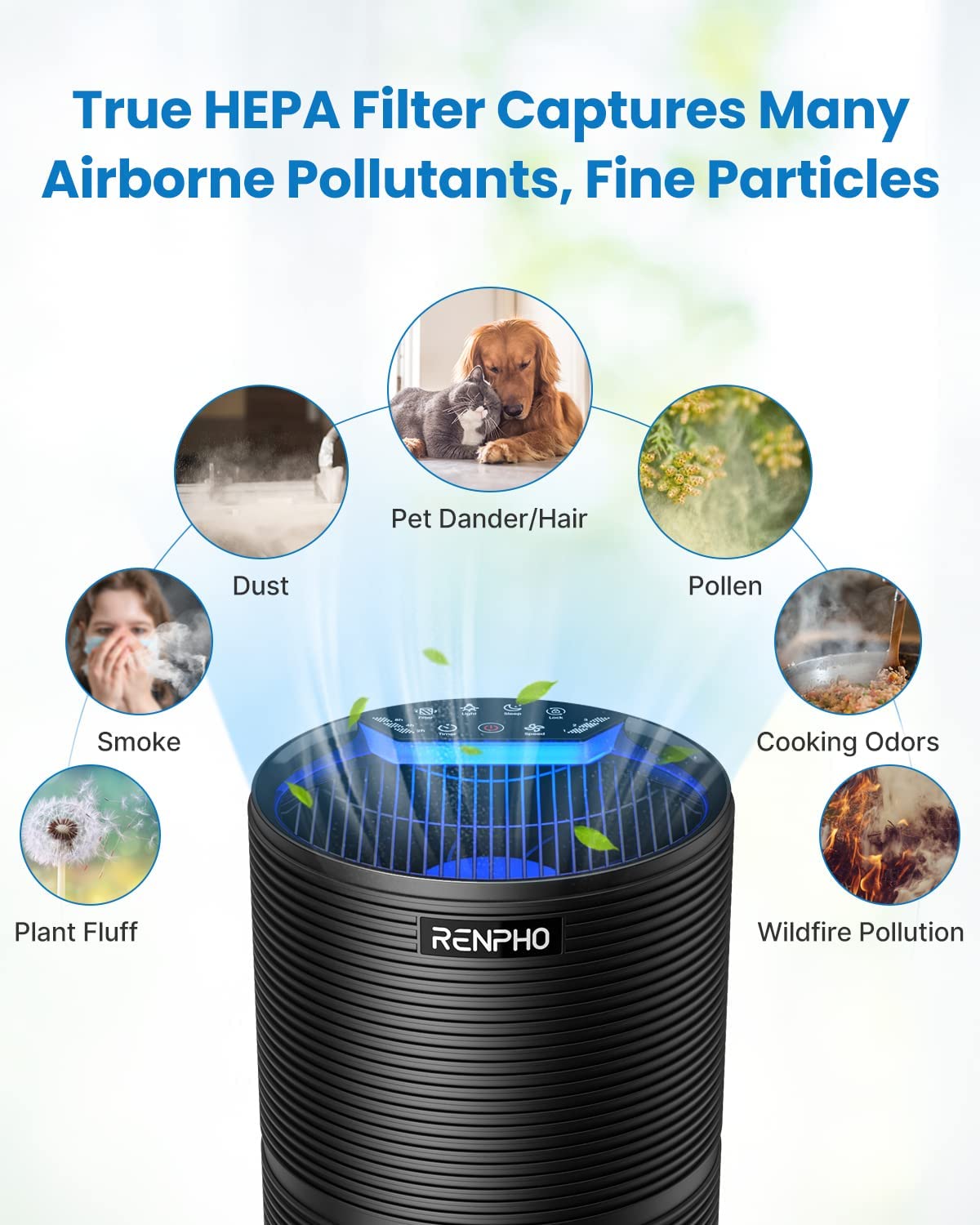 RENPHO HEPA Air Purifier for Home Large Room up to 600 Sq.ft, H13 True HEPA Filter Air Cleaner for Pet Hair, Allergies, 99.97% Smokers, Odors, Dust, Pollen, Odor Eliminators for Bedroom - image 5 of 8