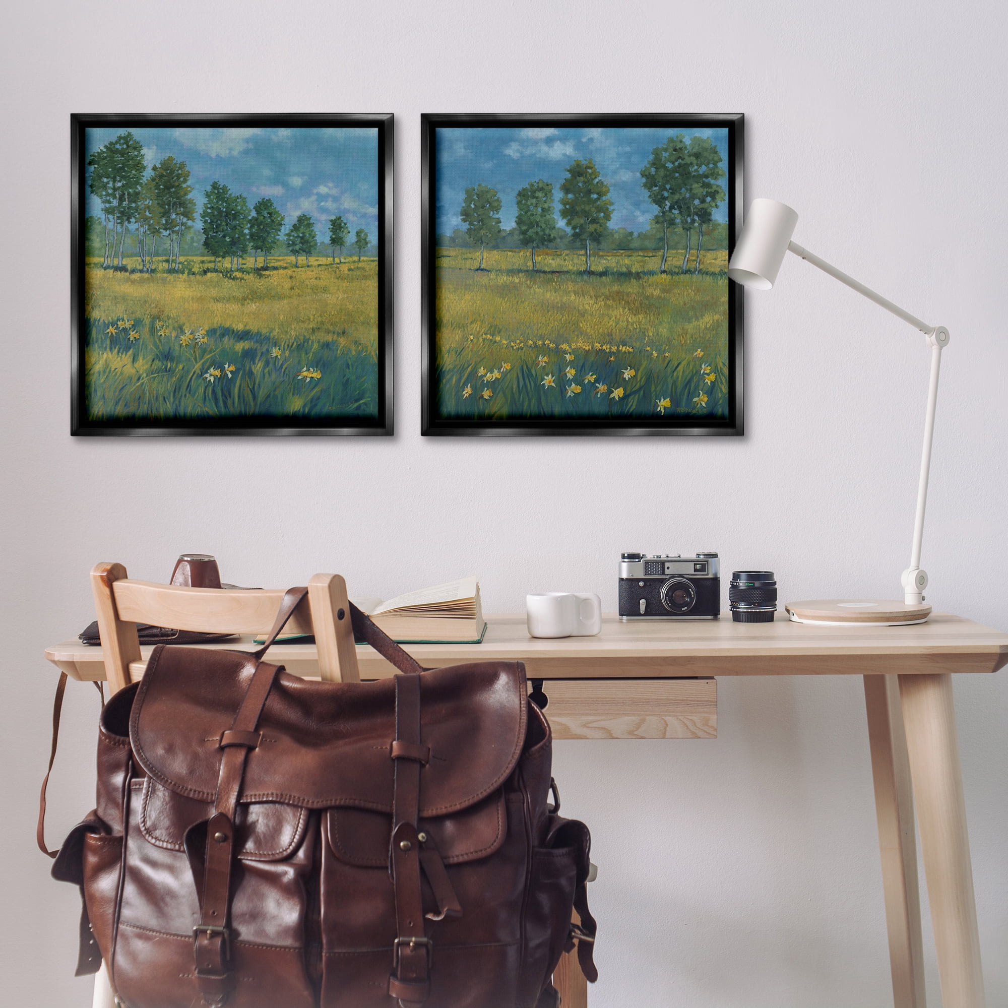 Stupell Industries Daffodil Tree Lined Field Landscape & Nature Painting Black Floater Framed Canvas Art Print Wall Art, 25 x 25, Set of 2