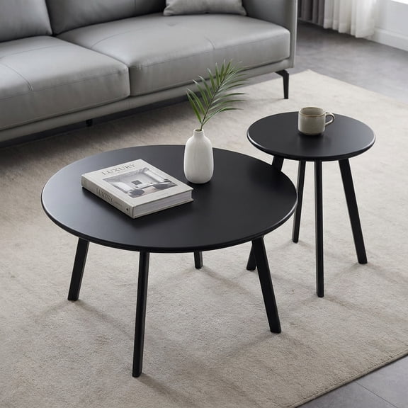 2-Piece Round Nesting Coffee Table Set, Modern Black Metal Iron Side and End Tables for Living Room, Patio, Balcony, Indoor Outdoor