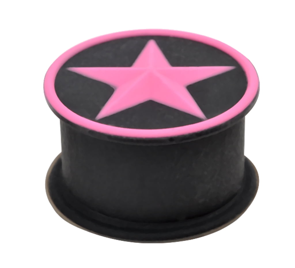 Pair 1/2" 12mm Pink Star Black Silicone Squishy Double Flare Ear Plugs