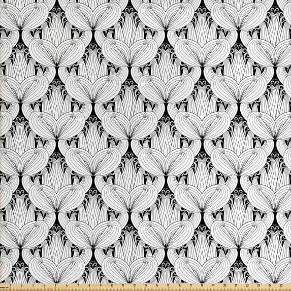 Floral Fabric by the Yard, Monochrome Flower Motifs with Victorian Inspirations Print, Decorative Upholstery Fabric for Chairs & Home Accents, 10 Yards, Charcoal Grey and White by Ambesonne