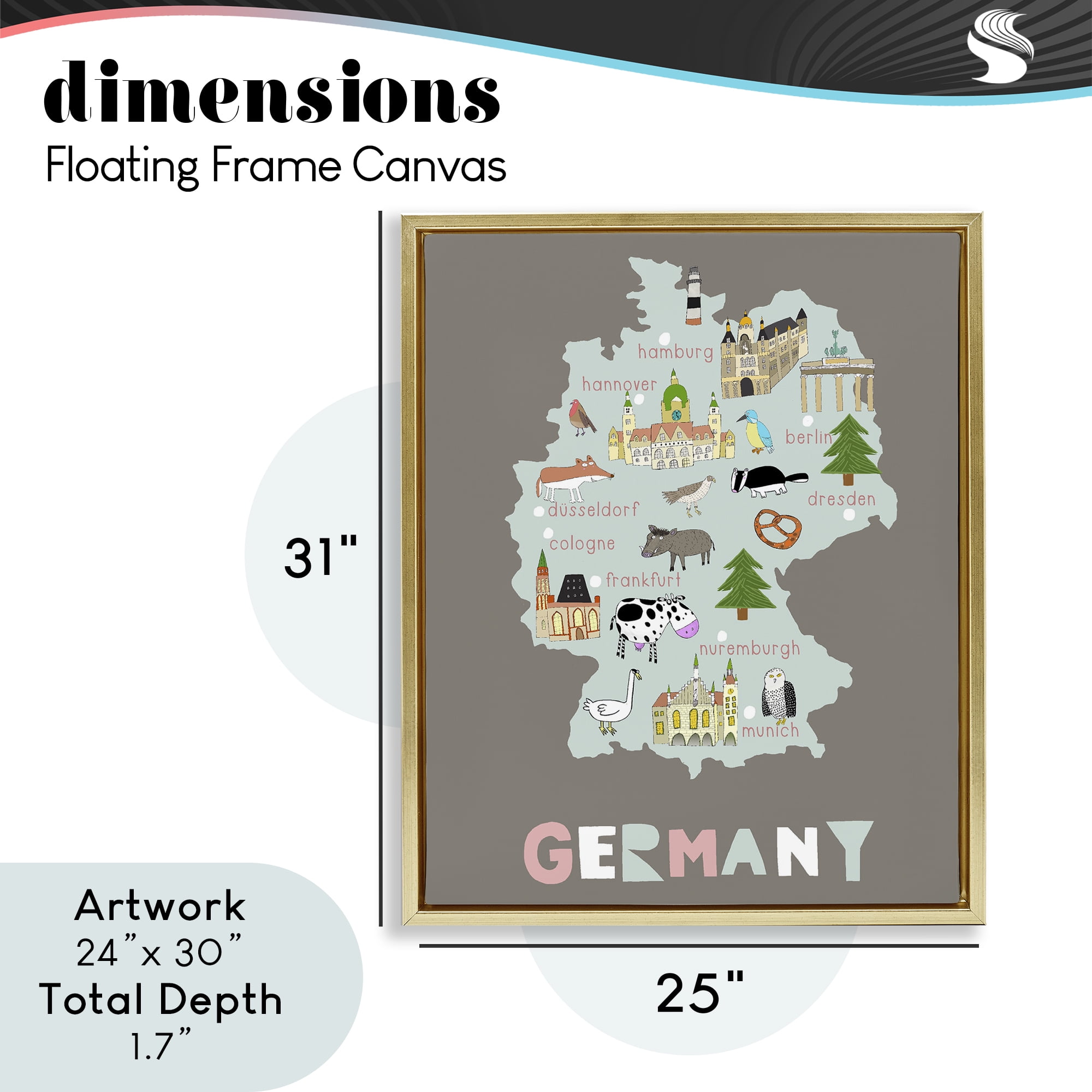 Kid's Map of Germany Gold Framed Floater Canvas Wall Art, design by Carla Daly