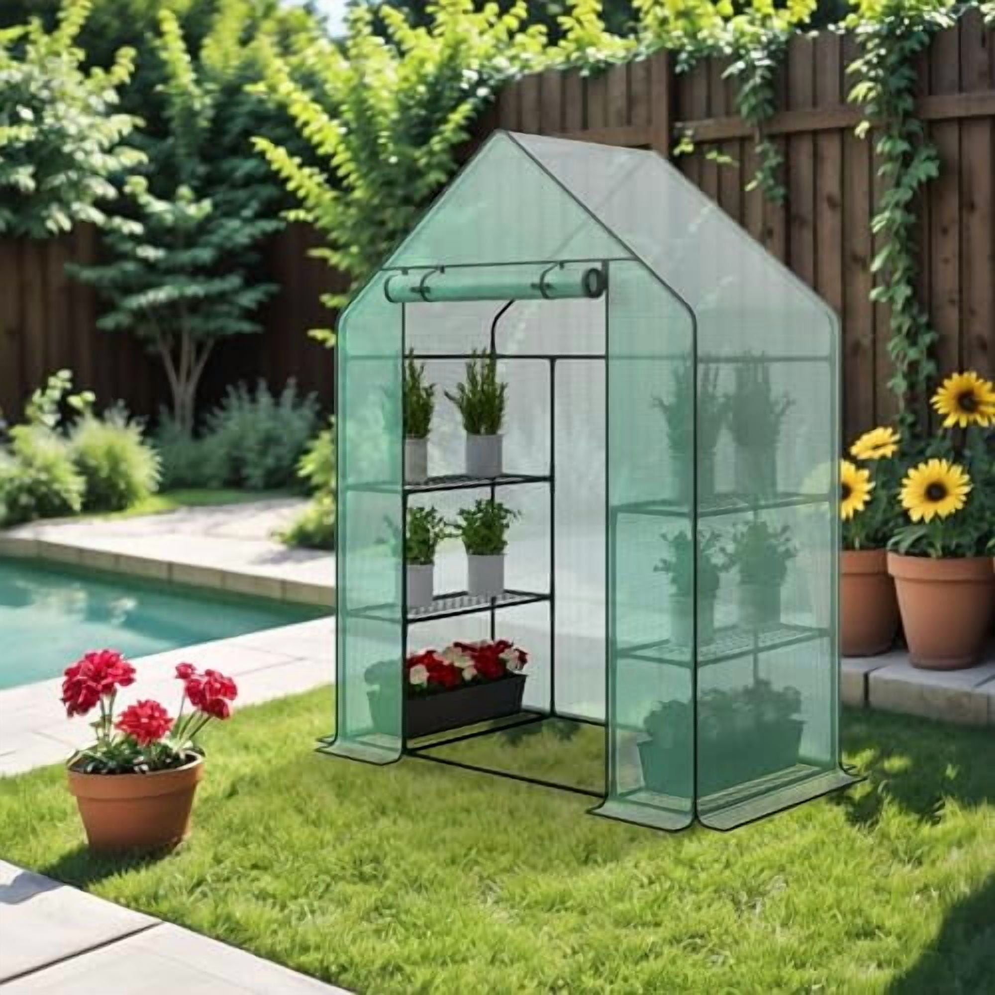 Outdoor Portable Walk-in Greenhouse 3 Tiers 6 Shelves w/ Durable Cover Roll Up Zipper Door Steel Frame Windows Greenhouse w/ Ground Pegs, Ropes for Garden, Patio, Backyard