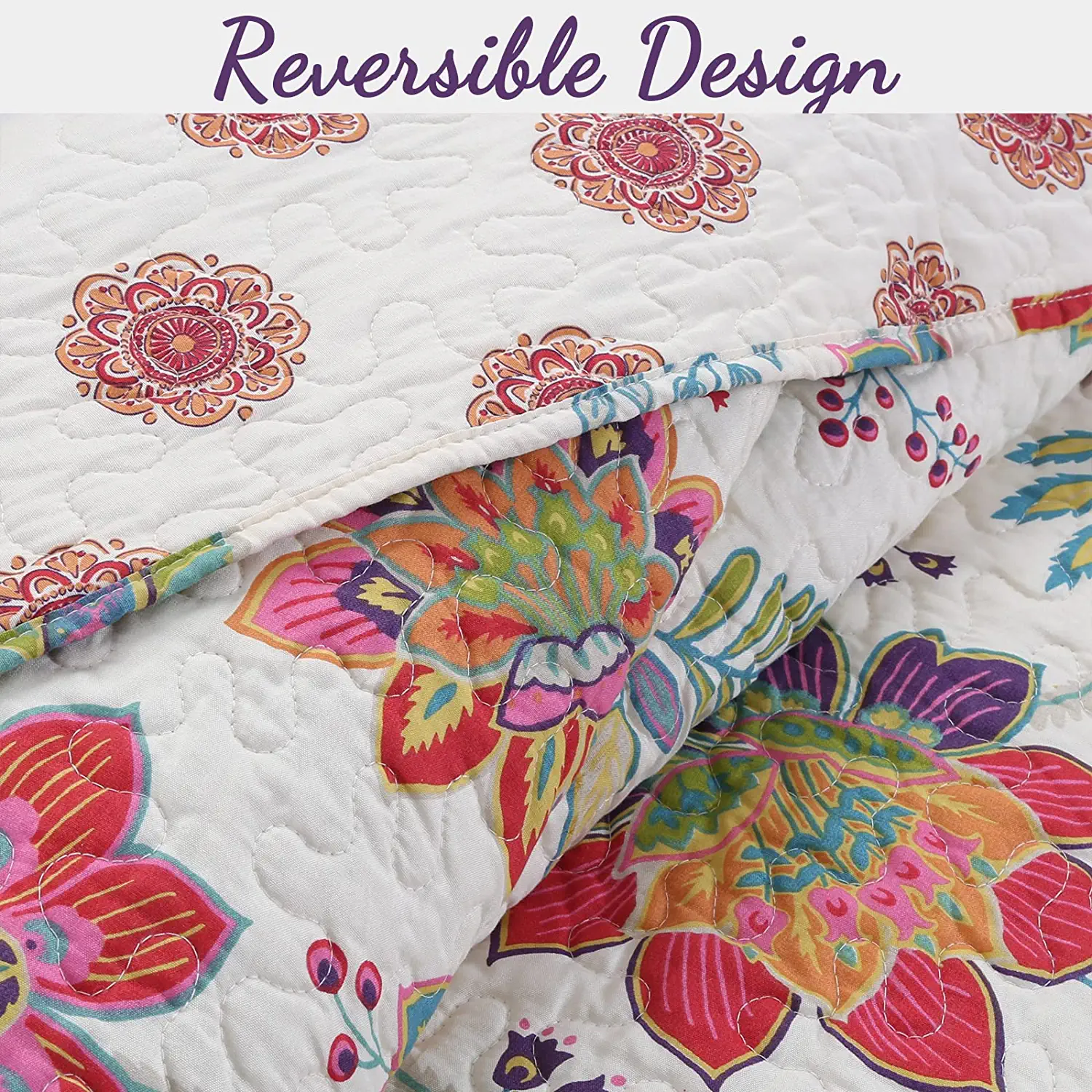 Cozy Line Breezy Vibrant Colorful Floral 3 Piece Reversible Microfiber Adult Quilt Bedding Set, King