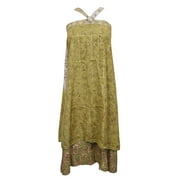 Mogul Wrap Long Skirt Reversible Two Layer Green Printed Silk Sari Beach Skirts