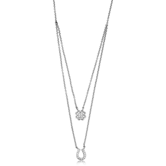 KoolJewelry Sterling Silver Cubic Zirconia Clover Horseshoe Adjustable Length Layered Necklace (from 16 to 18 inch)