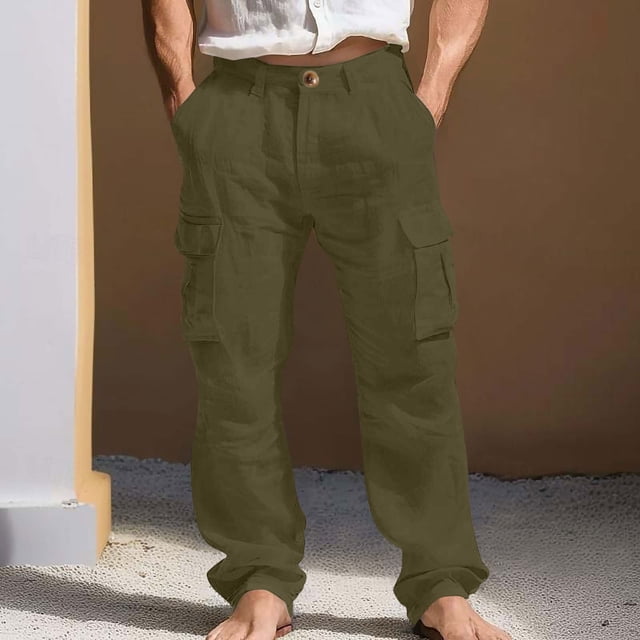Ceisia Men's Cotton-Linen Blend Loose Straight Leg Cargo Pants with Multi Pockets Army Green L Gifts