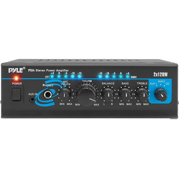 Amplificador de Potencia Mini 2 Canales Pyle, 2x120W para Audio en Casa, Bluetooth 5.1, Receptor Estéreo con Entrada RCA/AUX/Mic, Entrada para Auriculares, Modos de Mezcla/Pager, EQ de Graves/Agudos