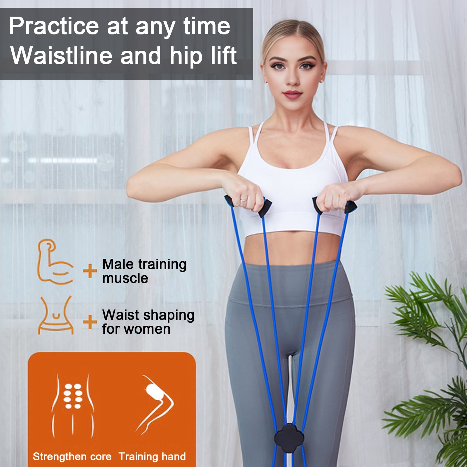 YIFAEUX Pilates Resistance Band with 4 Loop Grips Chest Expander Stretching Band Muscles Strength Training Elastic Band Home Gym Full Body Workout Equipment
